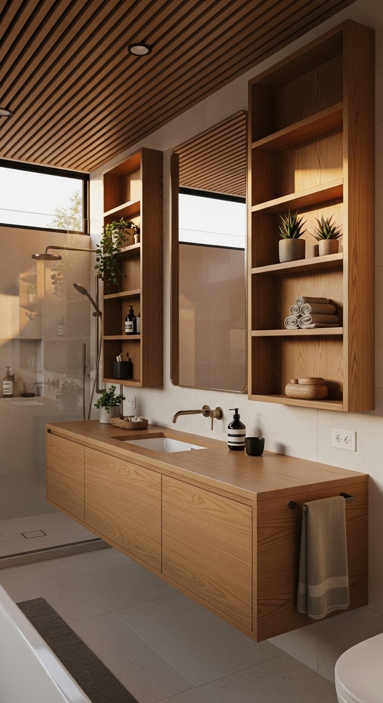 Warm Wood Bathroom Accents