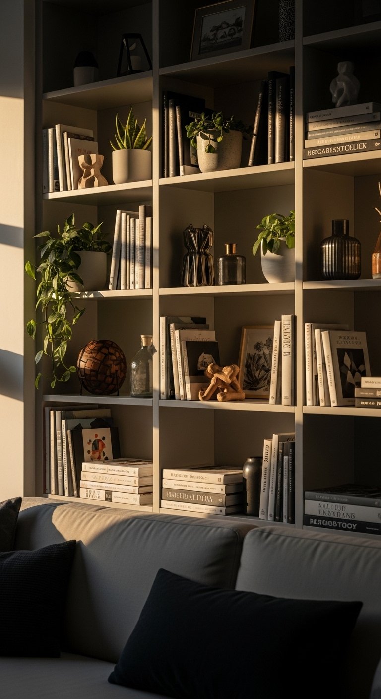 open shelving filled with books, plants, and decorative objects