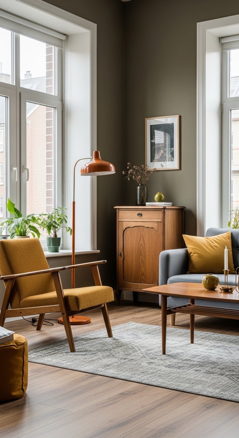 vintage furniture pieces mixed with modern decor