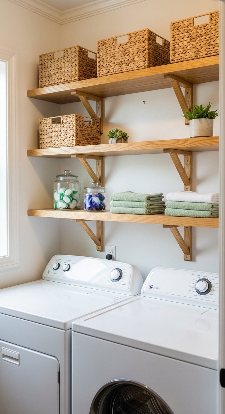 Add Open Shelving Above the Washer and Dryer