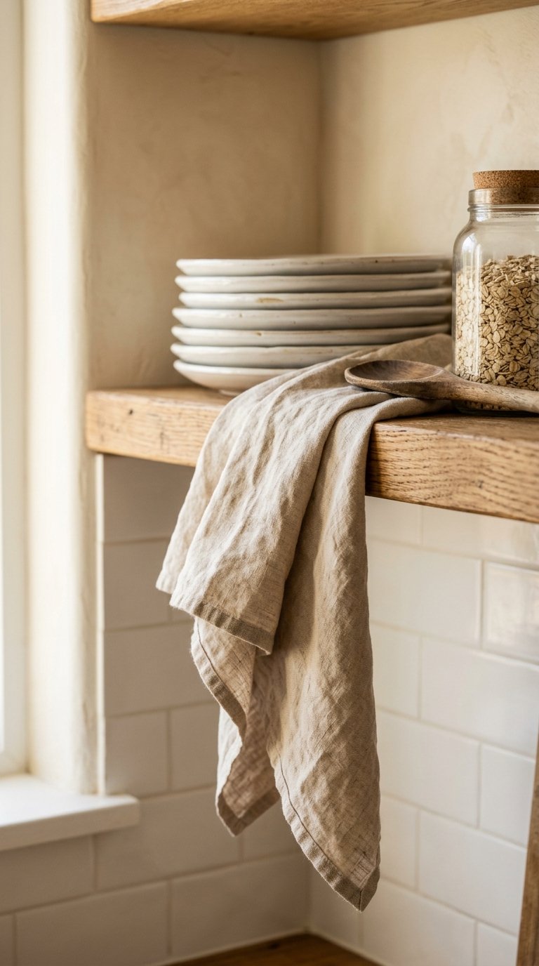 Add a Linen Dish Towel Draped Over the Shelf Edge