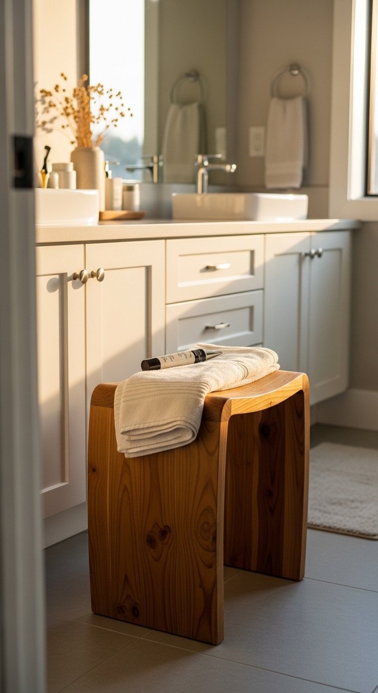 Add a Small Stool or Bench Beside a Double Sink Vanity