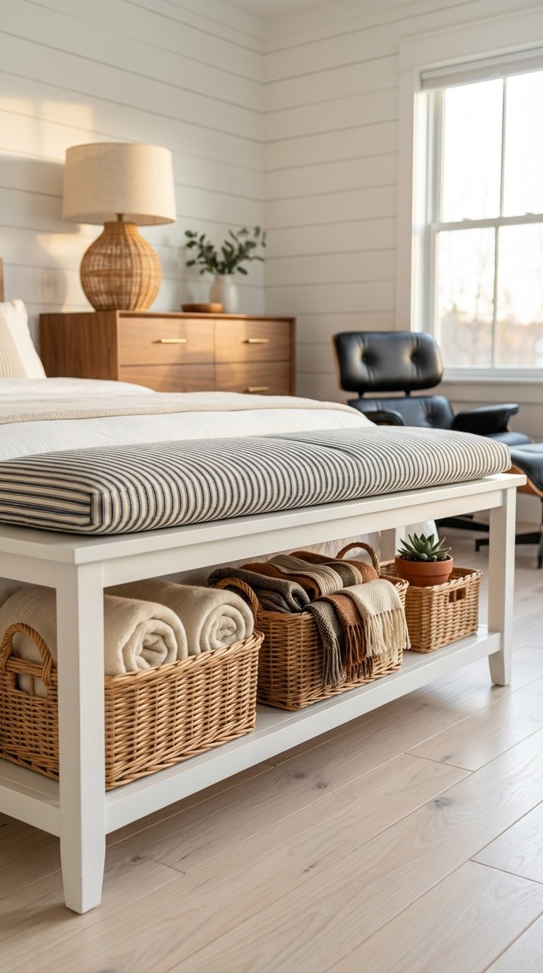 Bench With Wicker Basket Storage Underneath