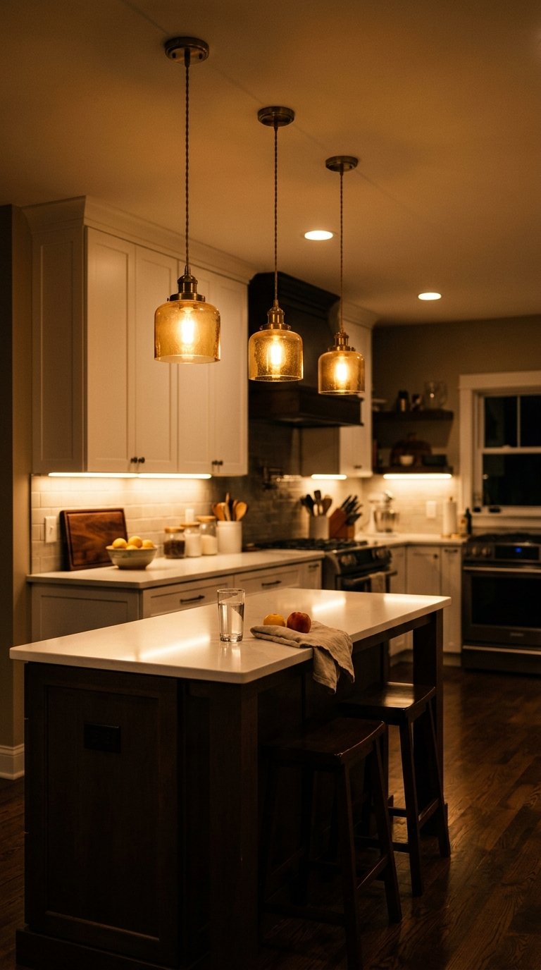 Brown Kitchen Lighting With Warm Bulbs
