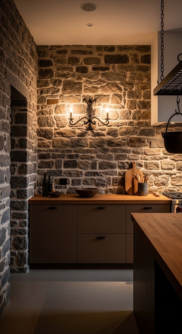 Brown Kitchen With Exposed Stone Walls
