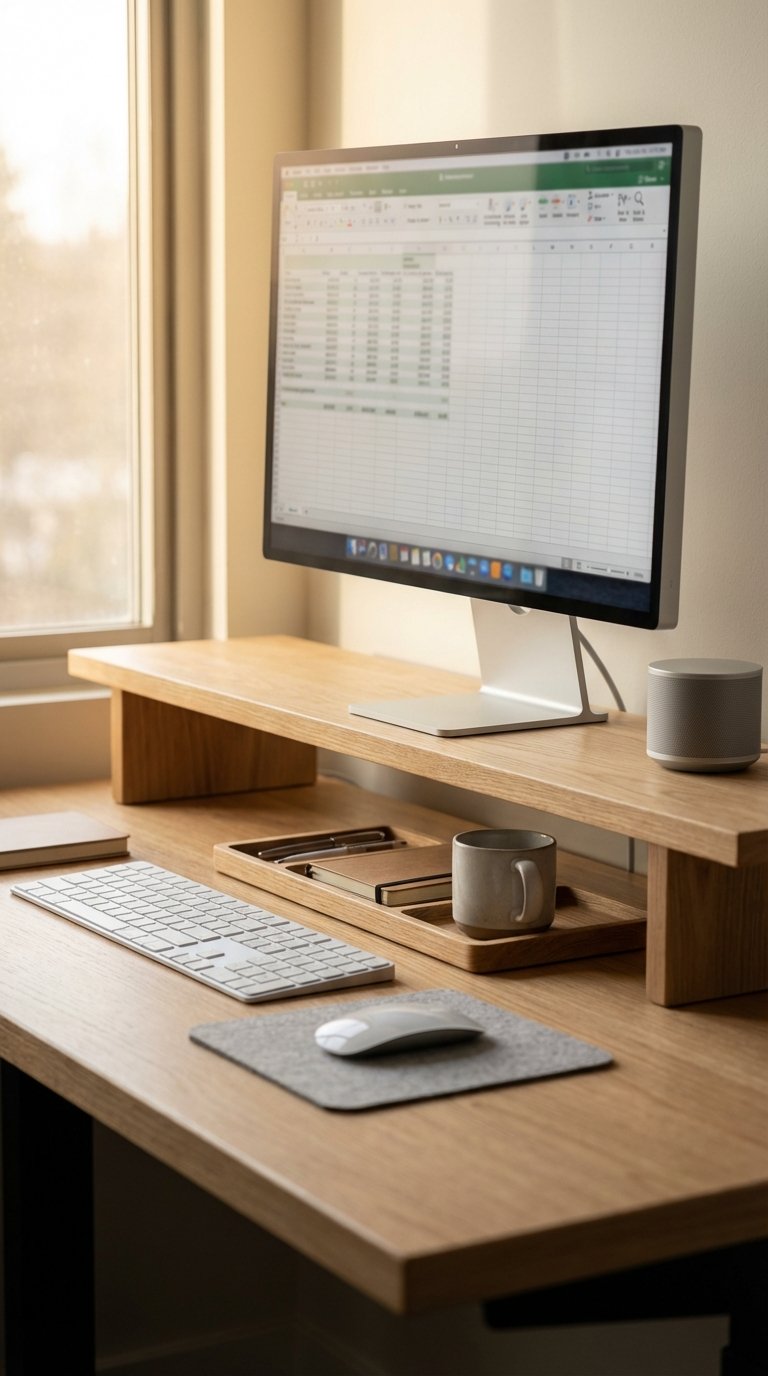 Desk With Monitor Riser and Integrated Storage
