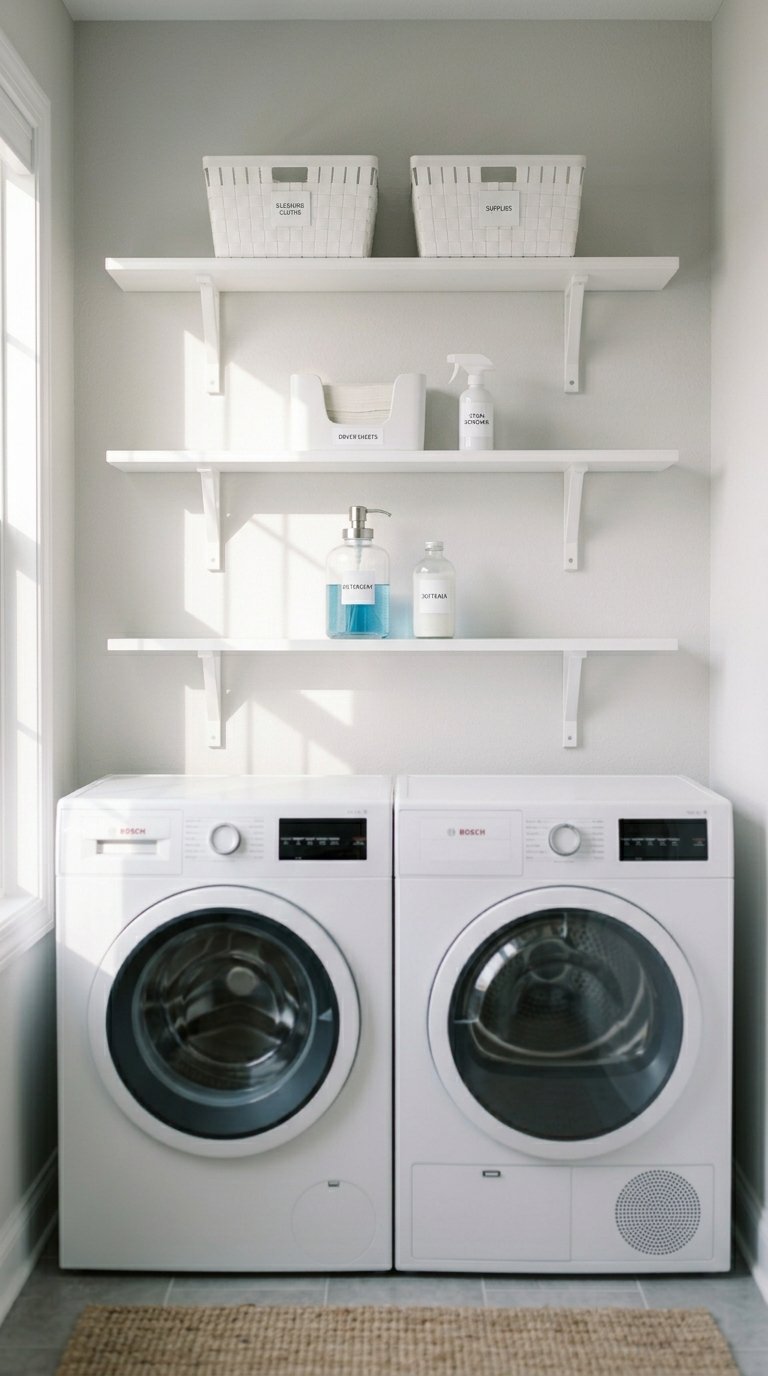 Floating Shelves Above the Washer and Dryer