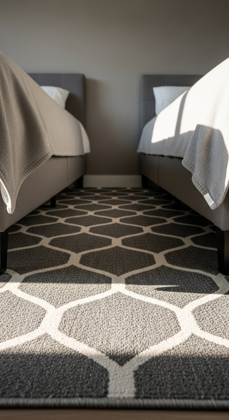 Gray Bedroom with Patterned Rug