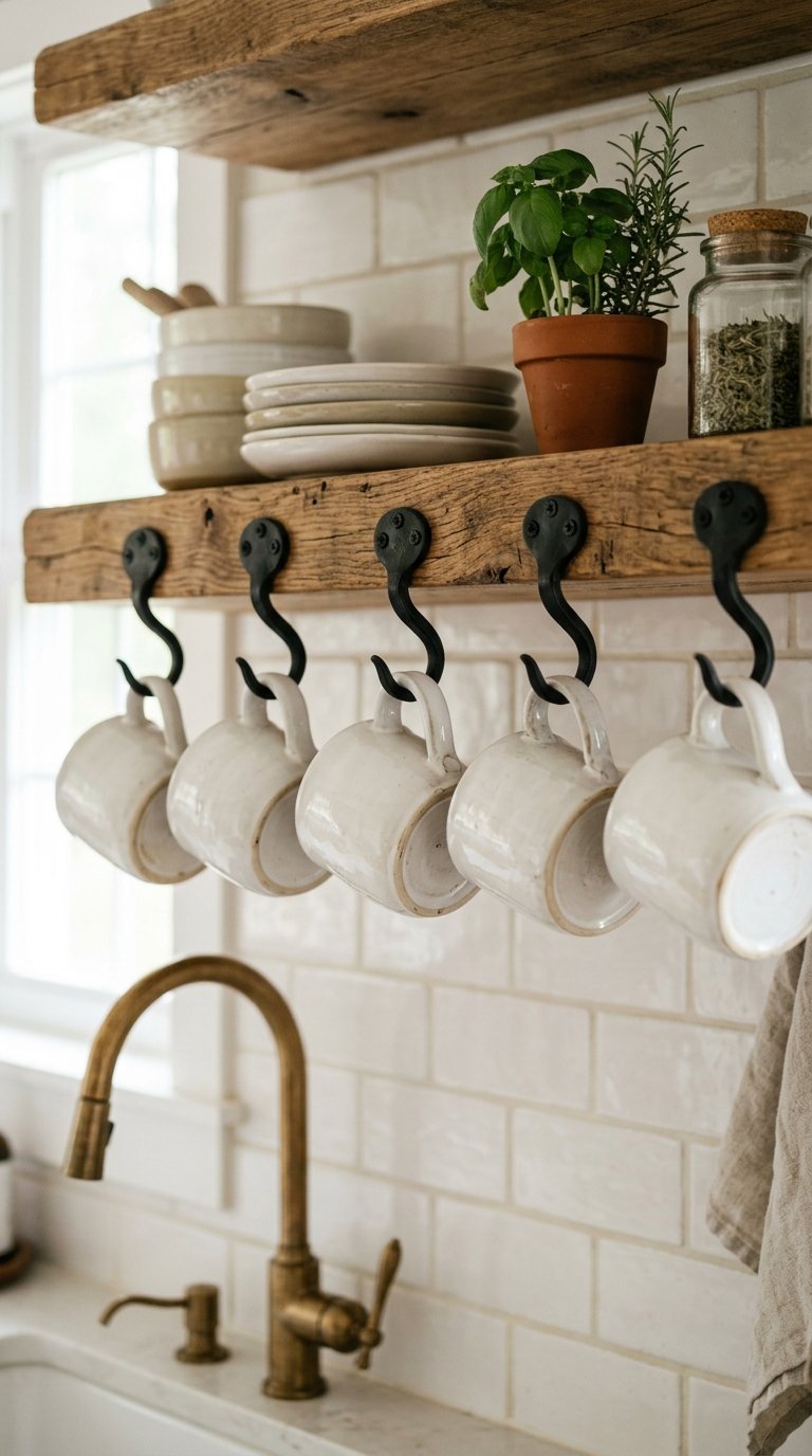 Hang Mugs on Hooks Below the Shelf