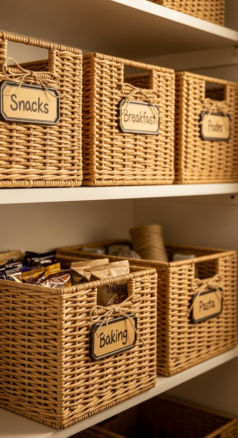 Labeled Wicker or Wire Baskets