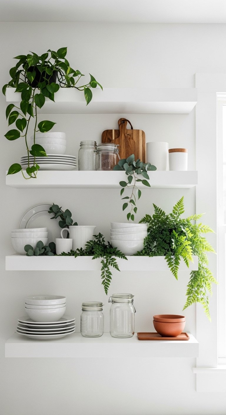 Line Your Open Shelves With Fresh Greenery