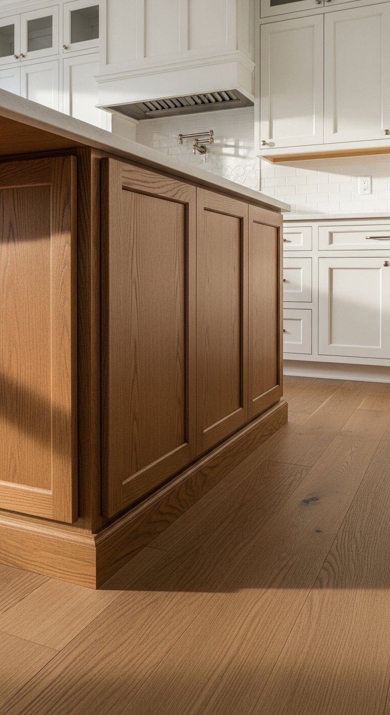 Match the Island to Your Flooring, Not Your Cabinets
