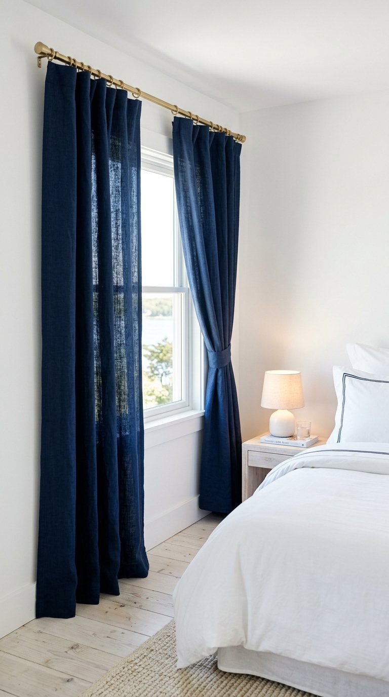 Navy Blue Curtains with White Walls