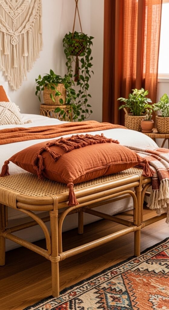 Rattan and Woven Bench for Boho Bedrooms