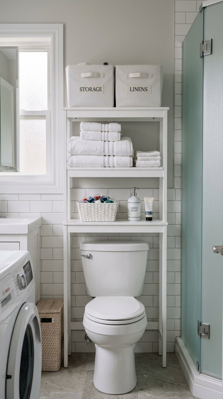 Shelves Over the Toilet in a Combined Bathroom and Laundry