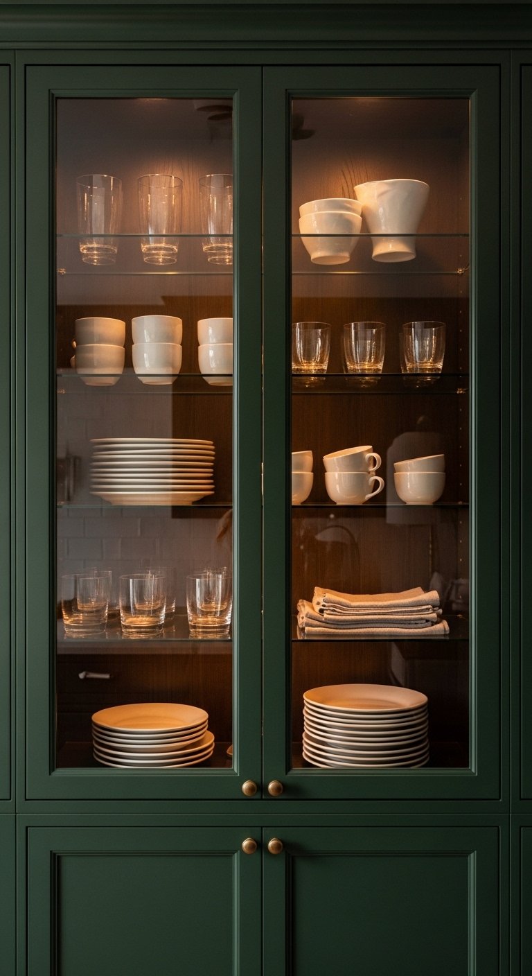The Dark Kitchen with Glass Cabinet Fronts