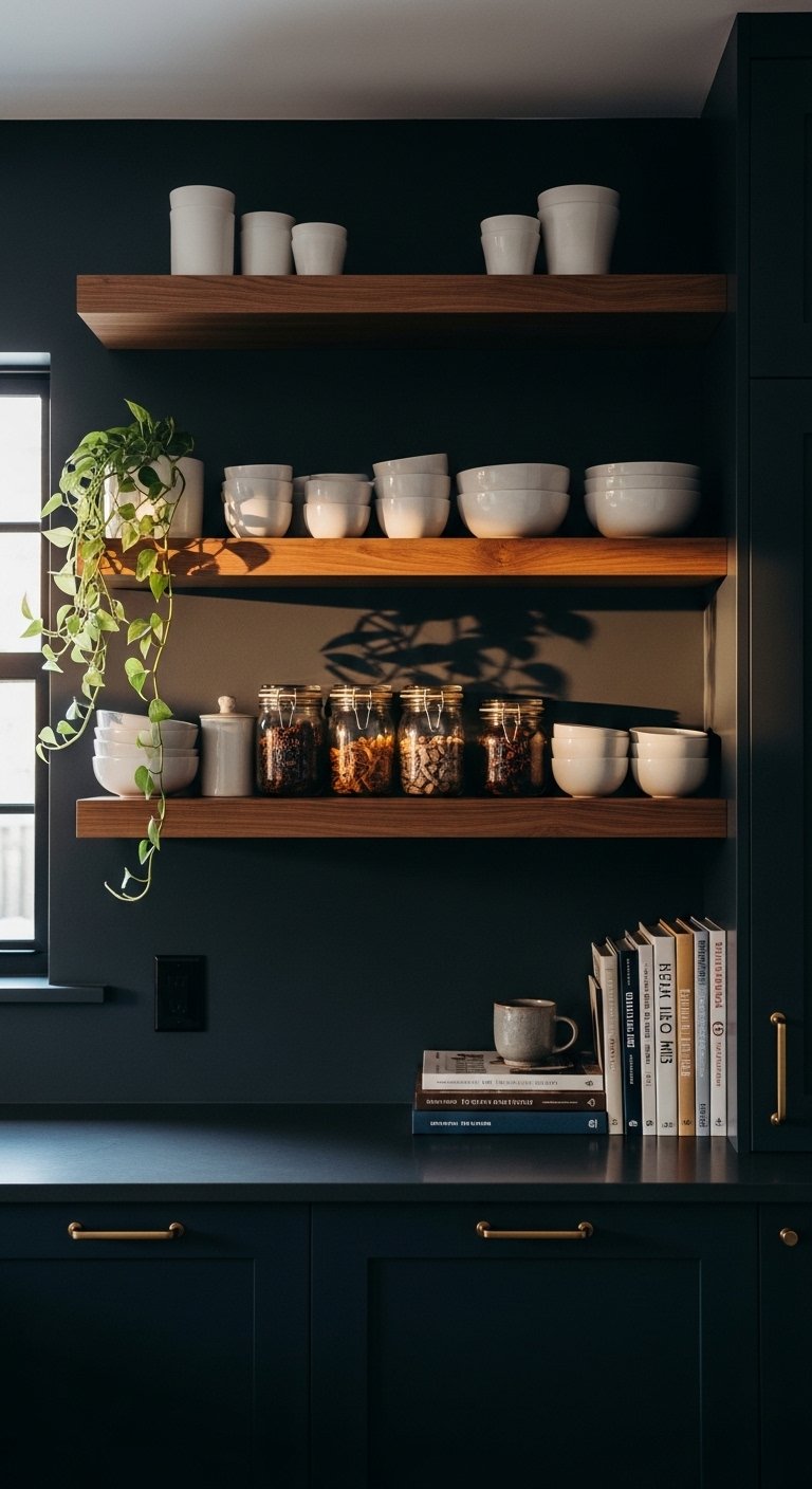 The Dark Kitchen with Open Shelving