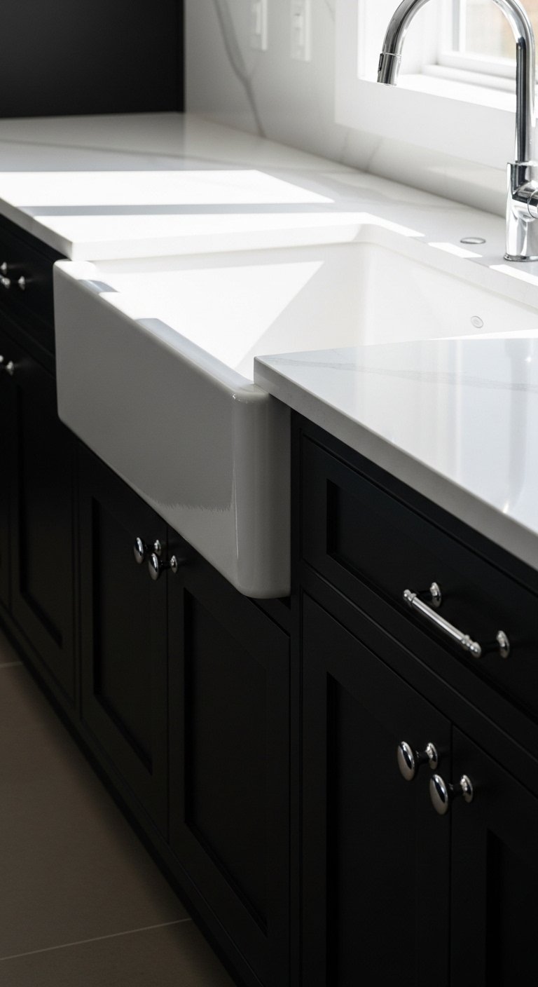 The Dark Kitchen with White Countertops