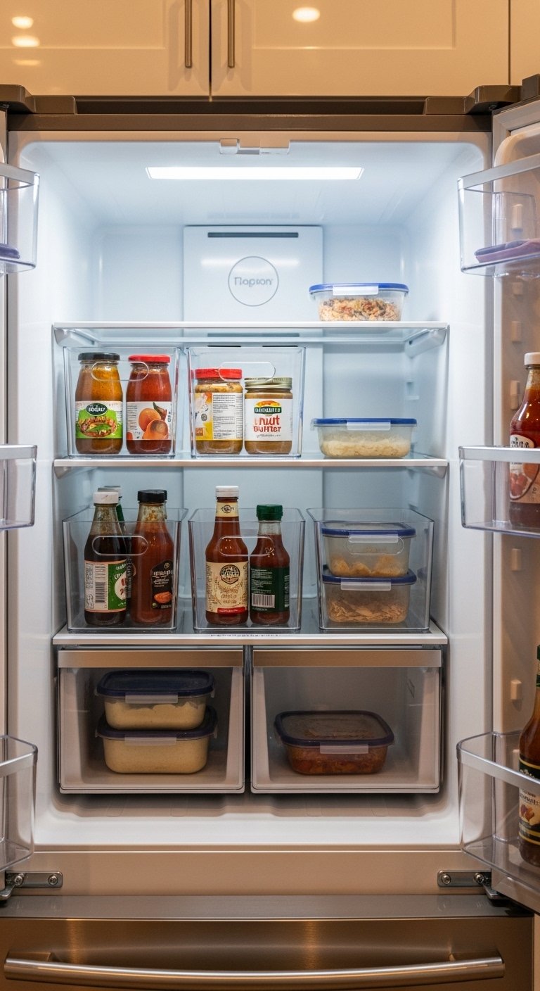 Use Clear Bins for the Fridge Pantry Overlap