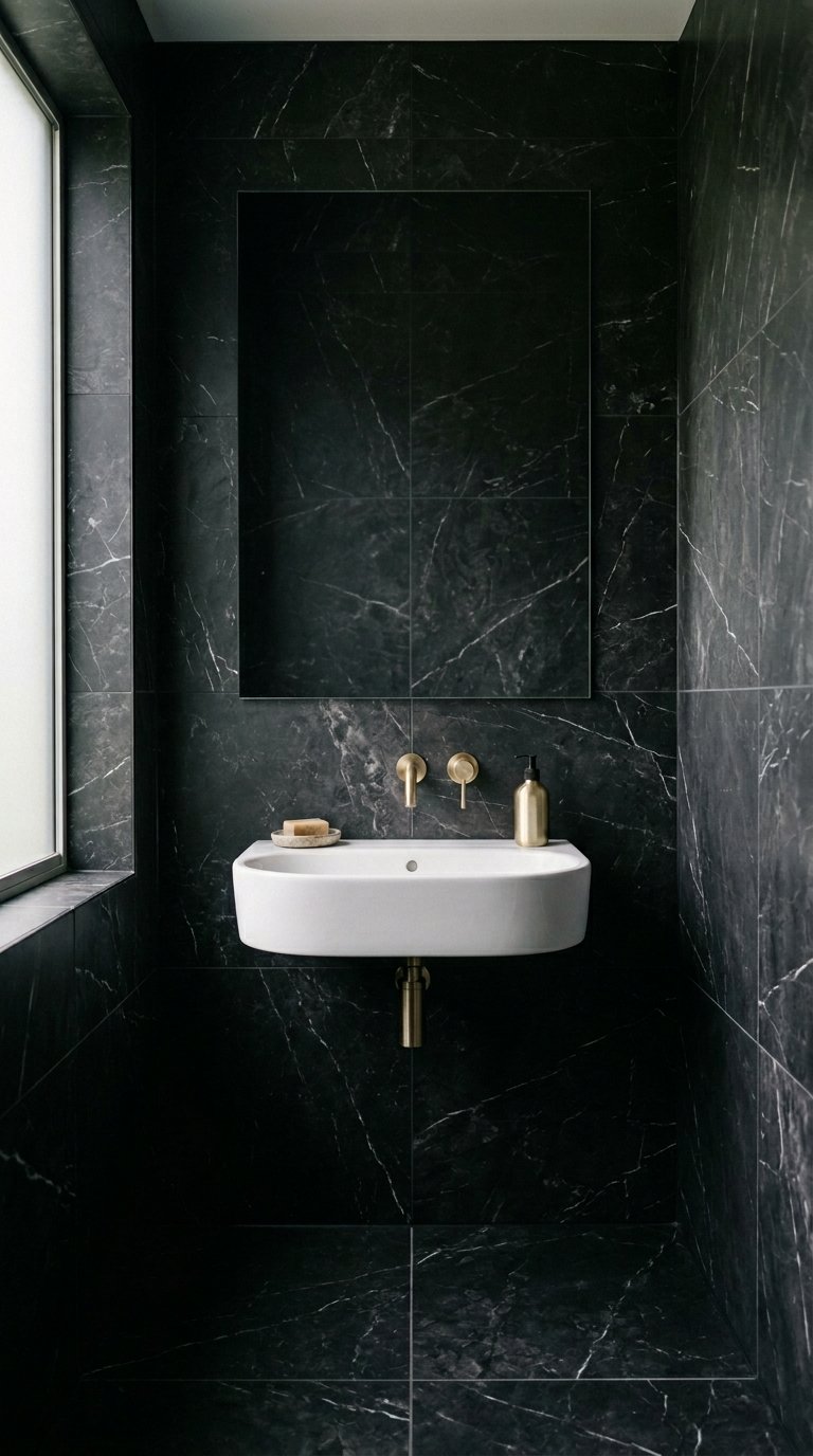 Use Dark Marble or Marble-Effect Tiles Throughout