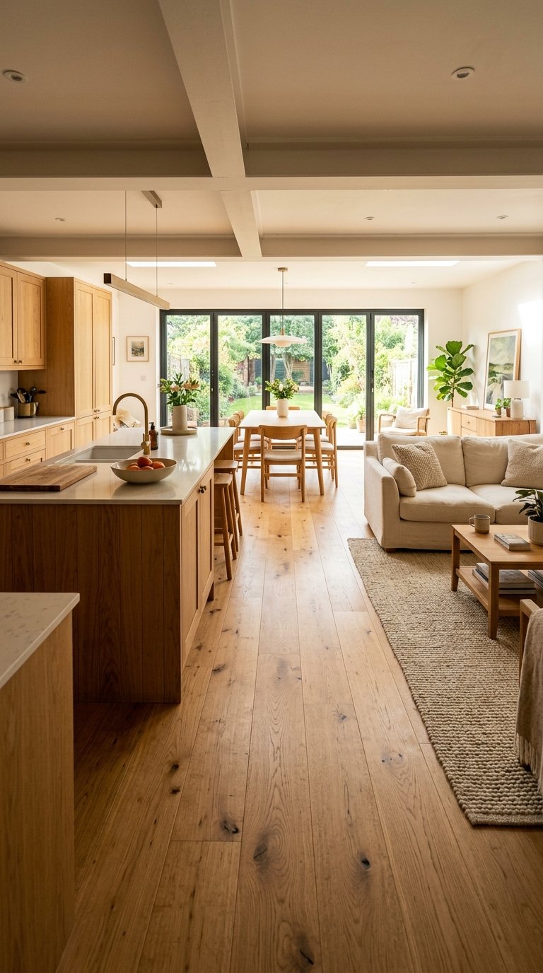 Use Oak Flooring to Connect Kitchen and Living Space