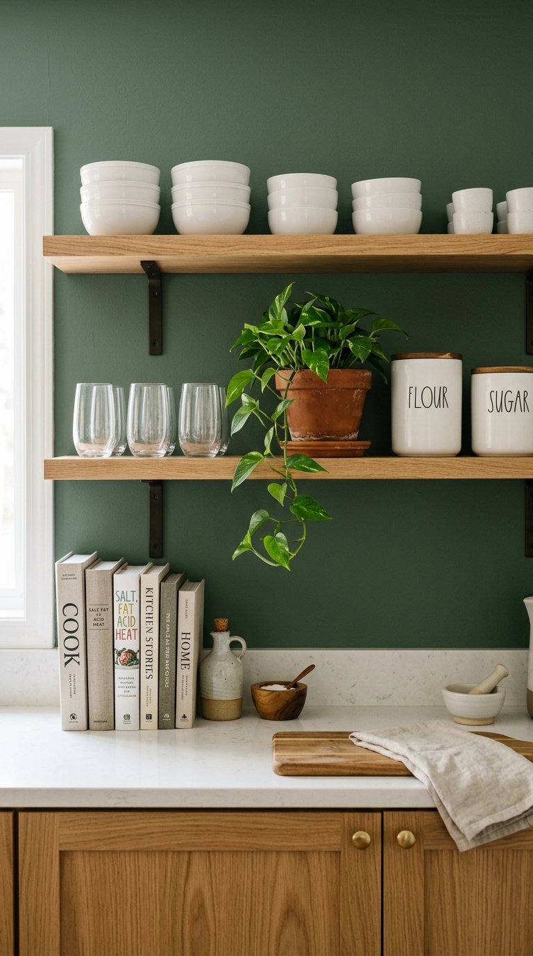 Use Oak Open Shelving Instead of Upper Cabinets