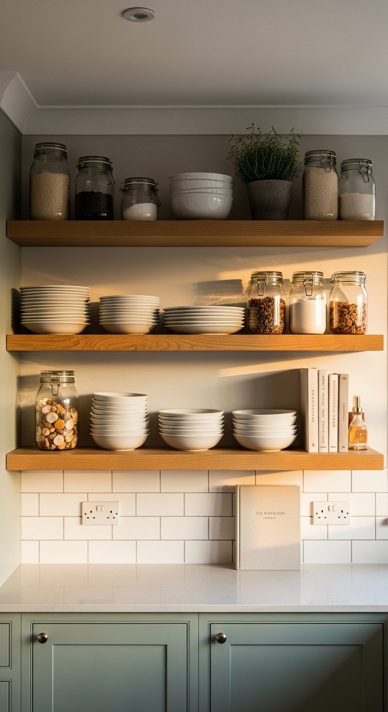 Use an Open Shelving Wall Instead of Upper Cabinets