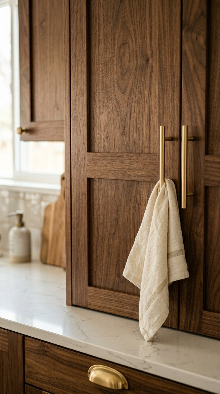 Walnut Wood Cabinets With Brass Hardware
