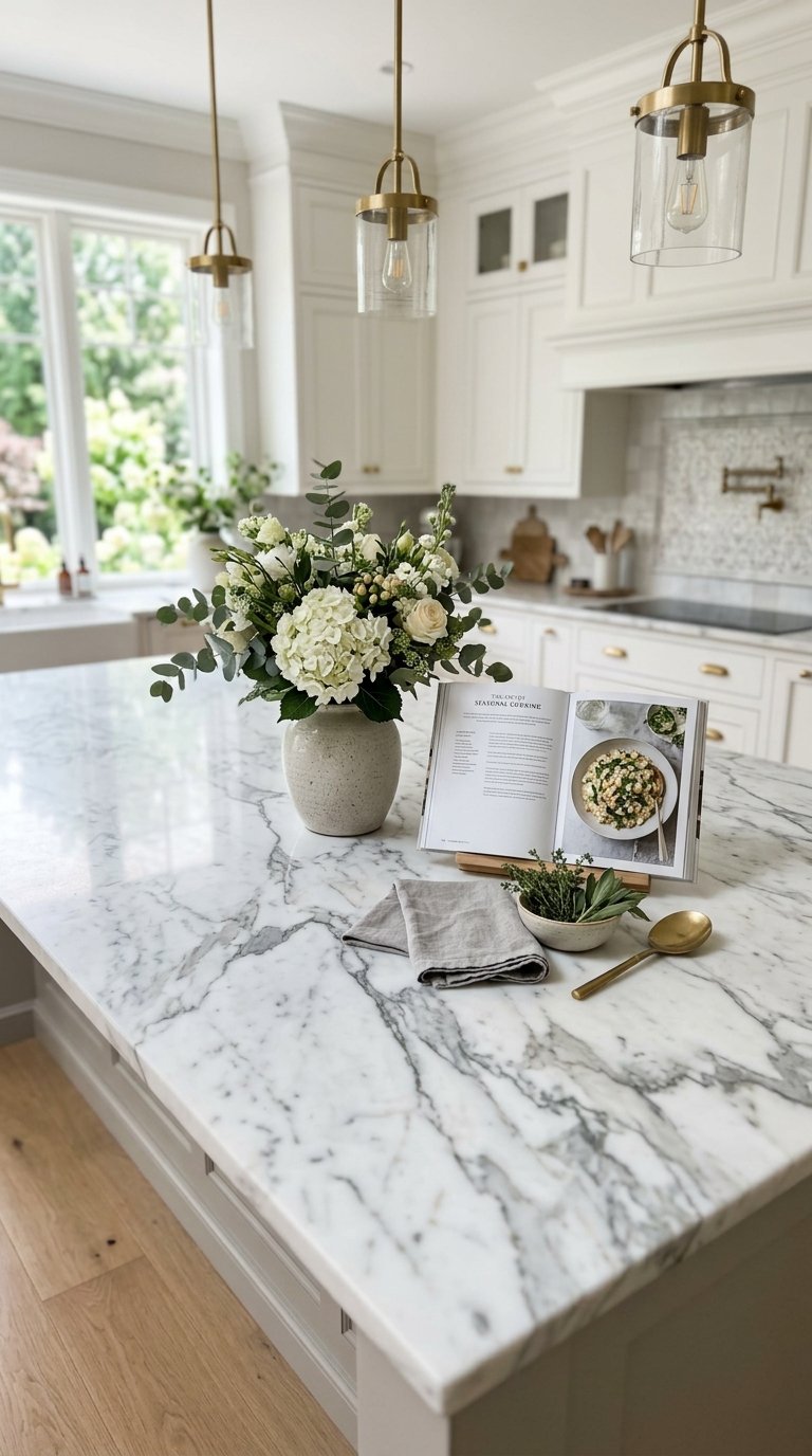 White Cabinets With Marble Countertops