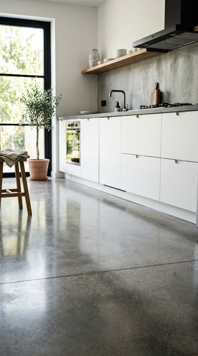 White Kitchen With Concrete Floors