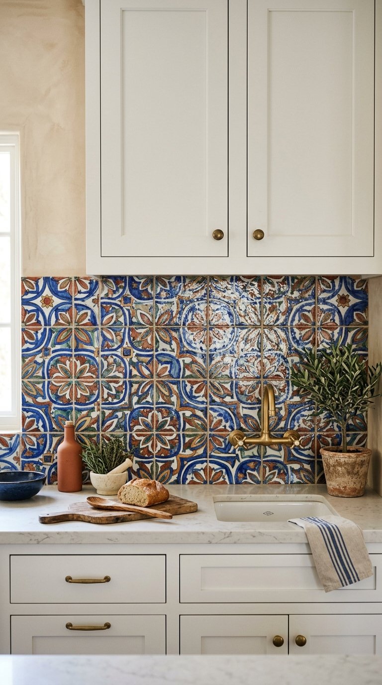 White Kitchen With Patterned Tile Backsplash