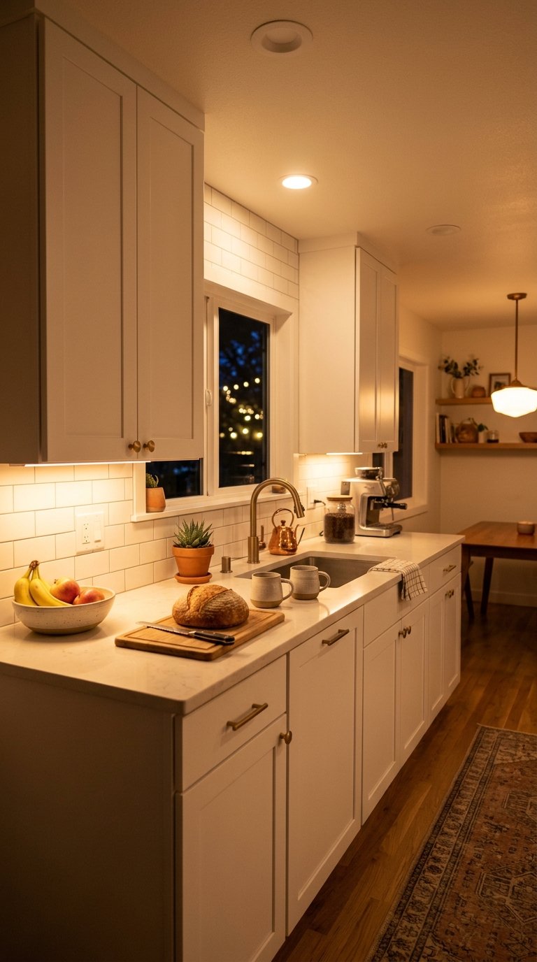 White Kitchen With Warm Lighting