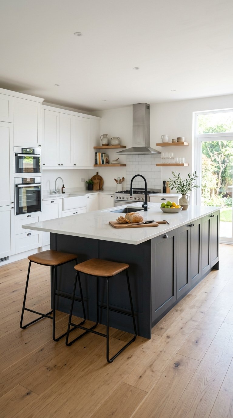White Kitchen With a Dark Island