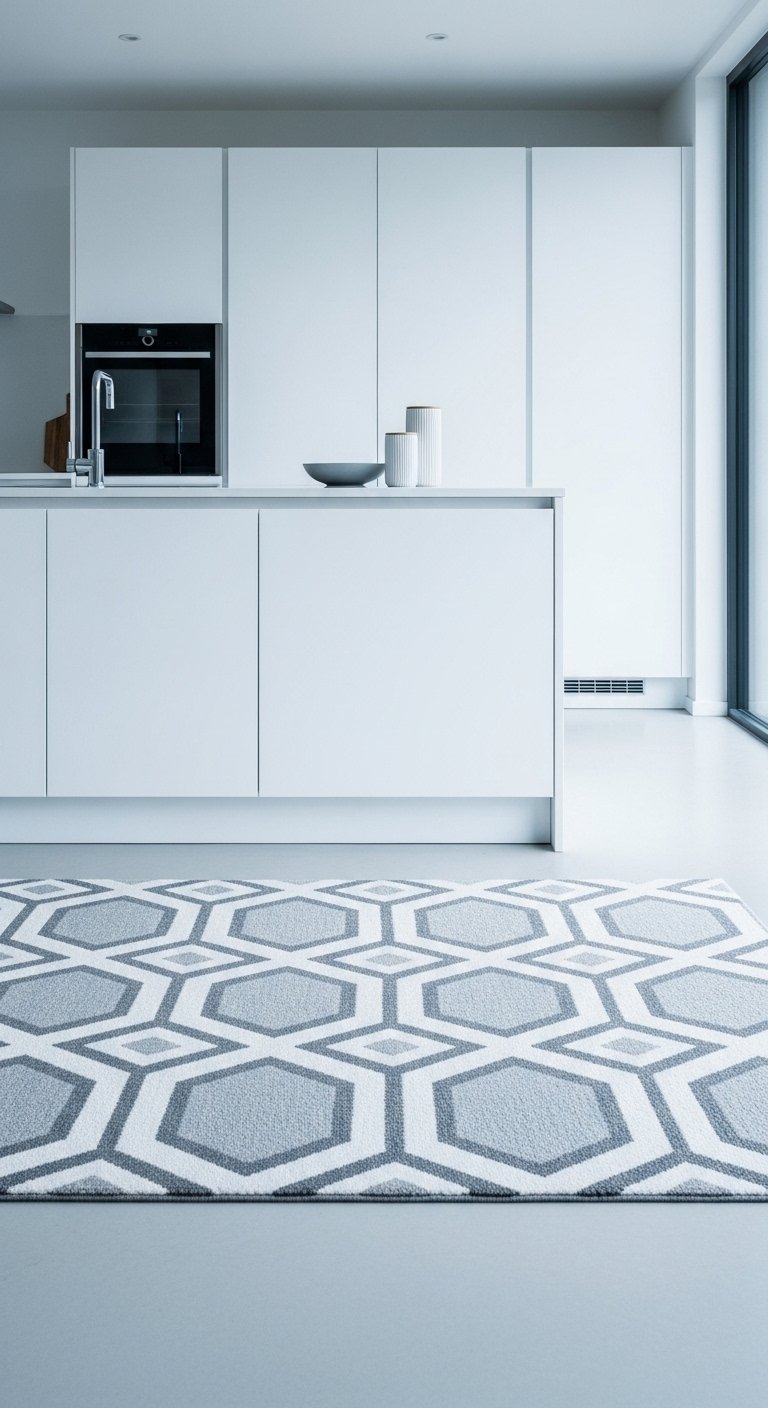 White and Gray Geometric Kitchen Rug