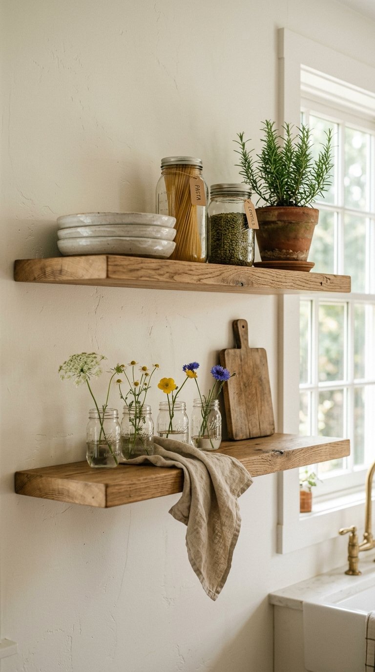 6. Hang Open Wooden Shelves in Your Kitchen