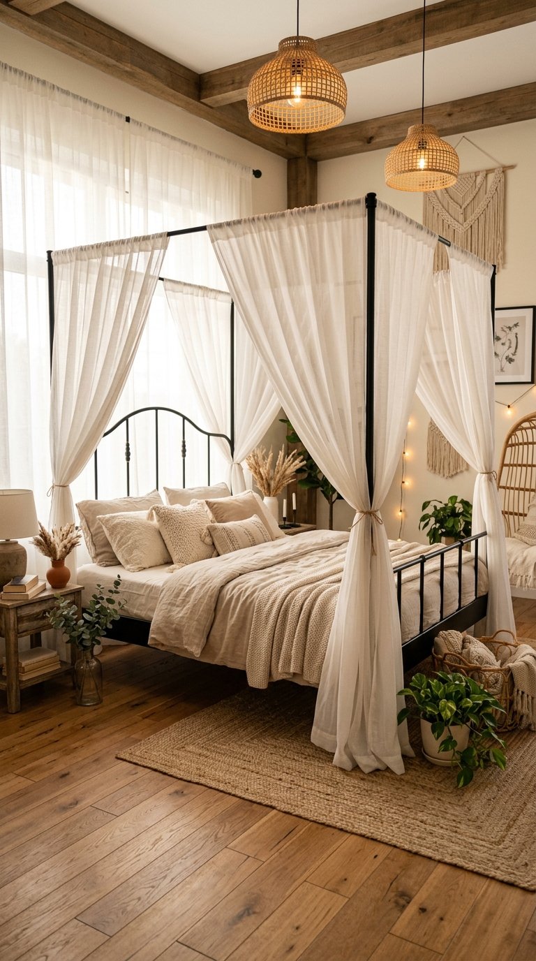  A Canopy Bed With Sheer Curtains for a Bohemian Bedroom Moment