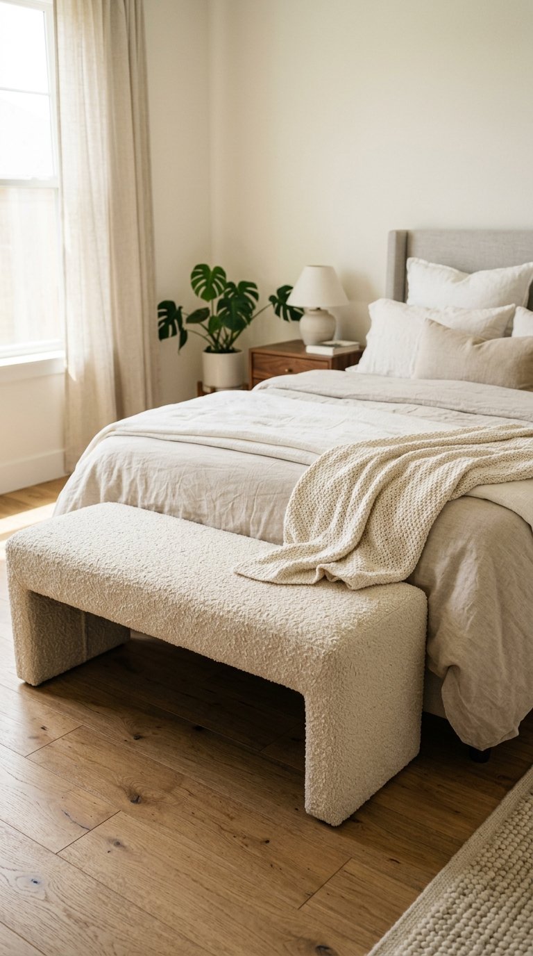 A Linen or Boucle Upholstered Bench at the Foot of the Bed