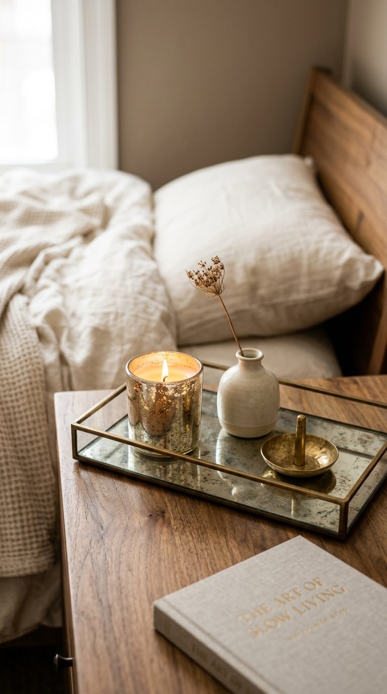 A Mirrored or Antique-Finish Tray for Nightstand Organization