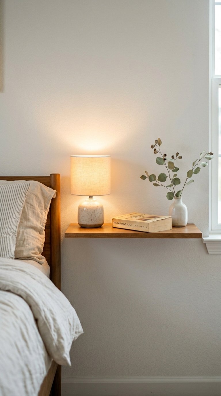 A Natural Wood Floating Shelf for Bedside Styling