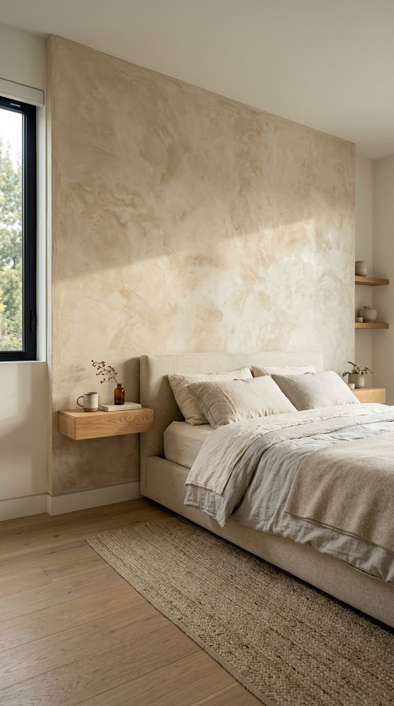 A Textured Accent Wall Behind the Bed Using Limewash Paint