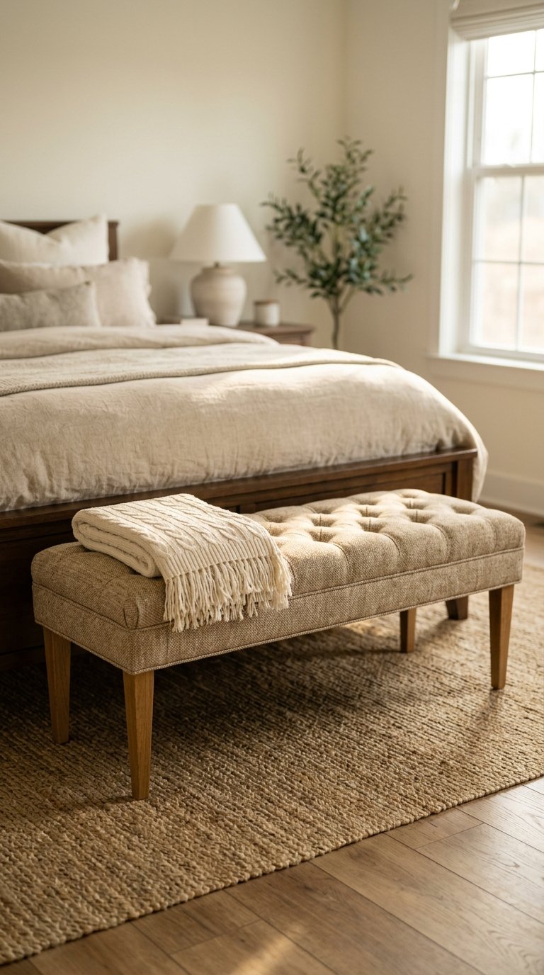 A Tufted or Channel-Stitch Upholstered Bench at the Foot of the Bed