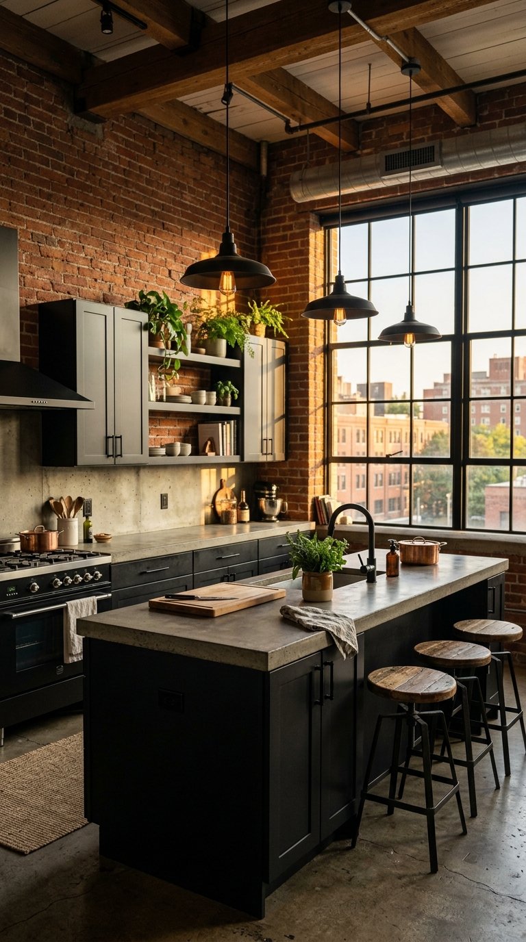 Add Black Cabinets to a Kitchen with Exposed Brick