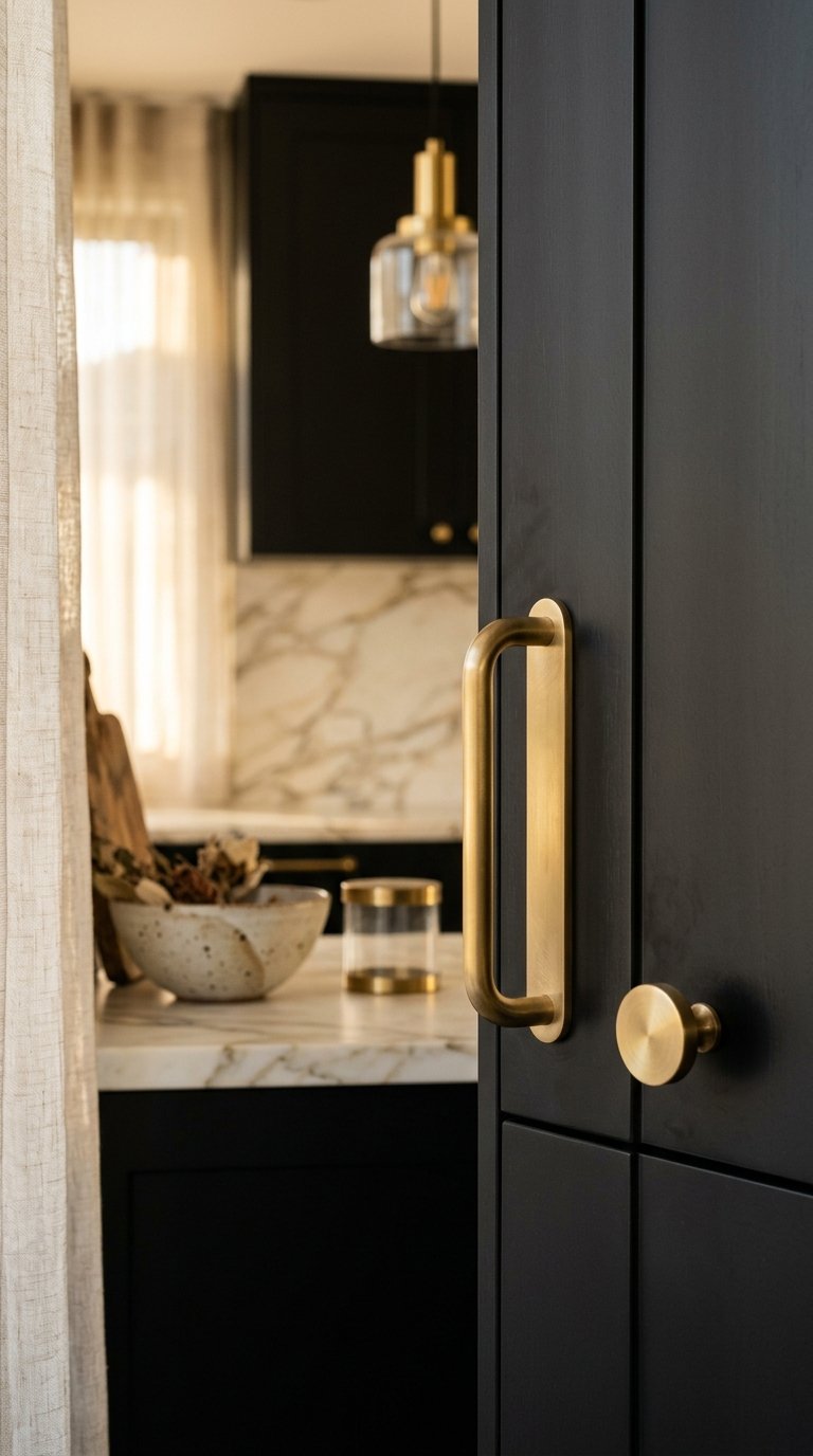 Add Brass Hardware to Black Cabinets for Warmth