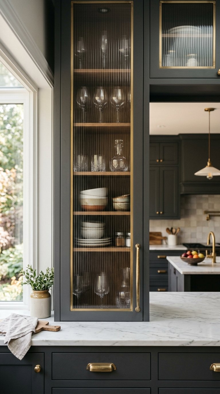Add Glass-Front Doors on Some Charcoal Cabinets