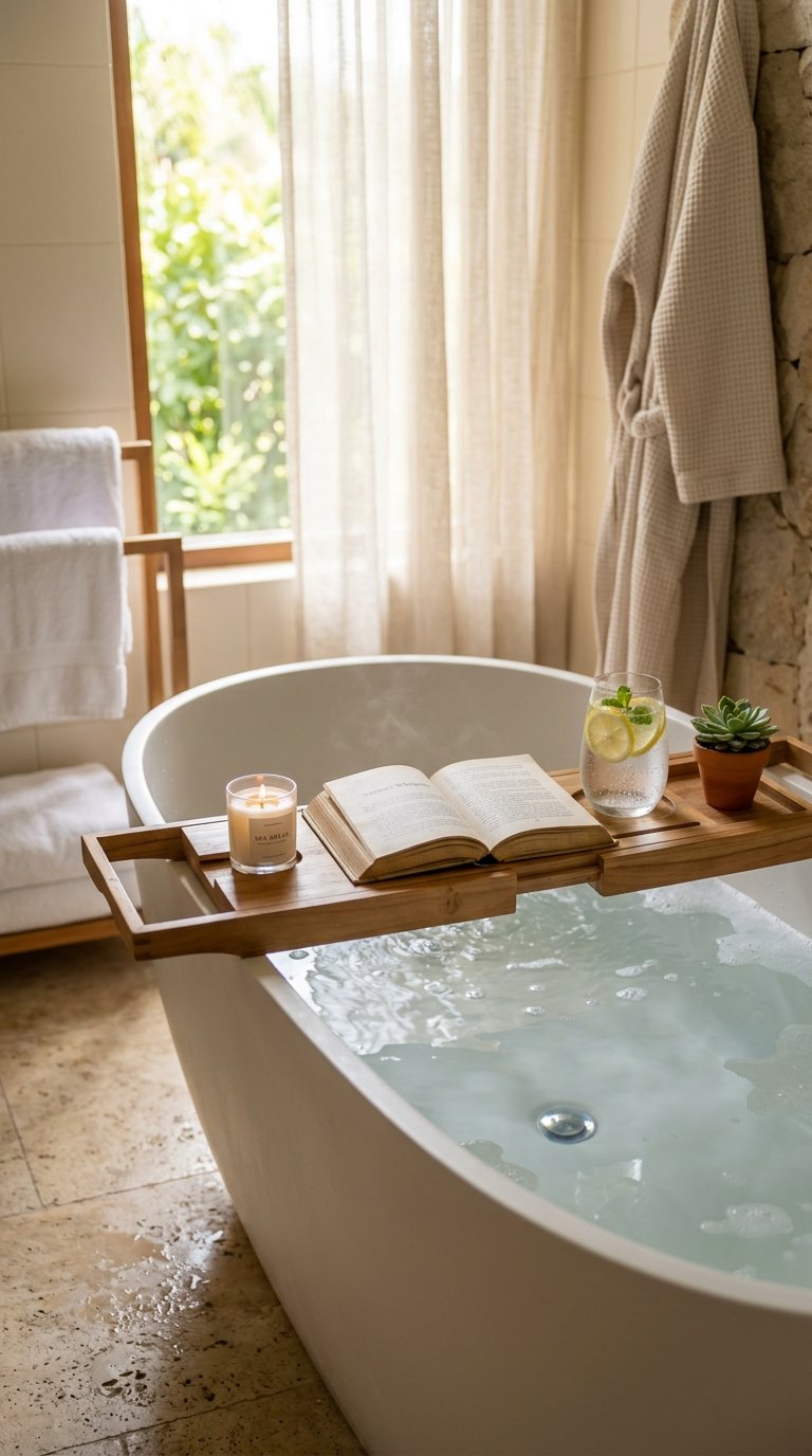 Add a Bamboo or Teak Bath Tray