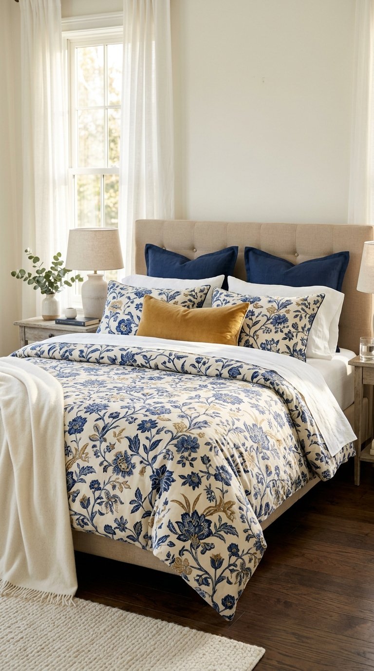 Add a Blue and Gold Botanical Print Duvet