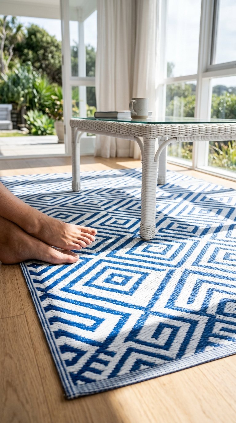 Add a Blue and White Outdoor Rug Indoors