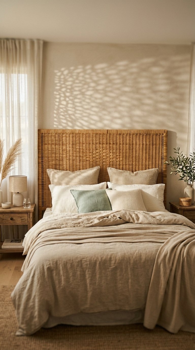 Add a Caned or Rattan Headboard for Organic Texture
