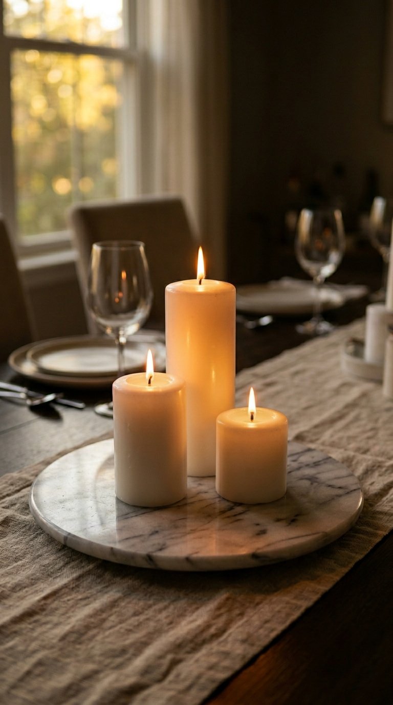 Add a Low Pillar Candle Cluster at the Table Center
