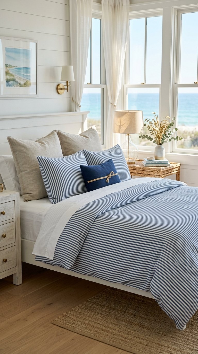 Add a Stripe-Pattern Duvet Cover for Classic Coastal Style